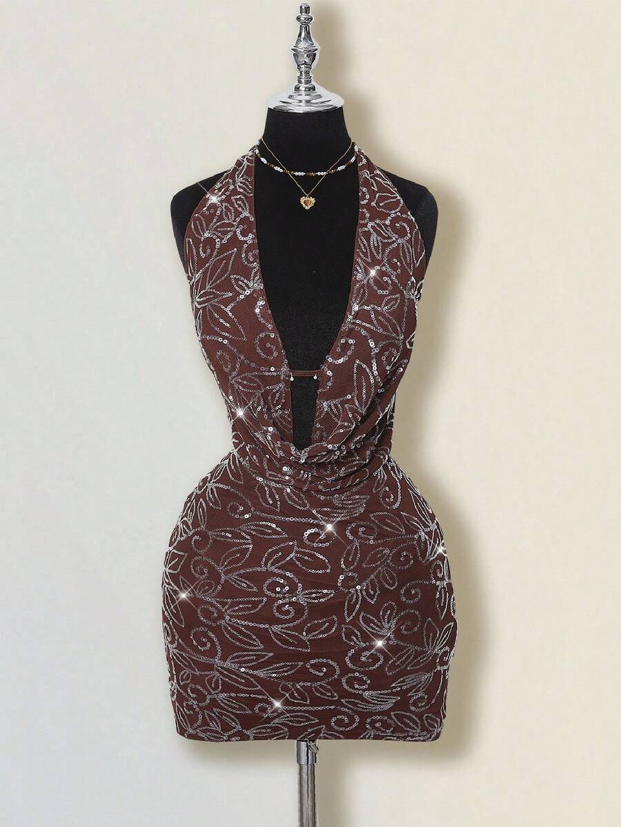 SHEIN ICON Women's Brown Homecoming Birthday Glitter Party Draped Neck Sequin Backless Dress