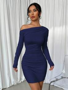 Elenzga Váy dài tay xếp ly bất đối xứng màu trơn dành cho nữ - Màu xanh hải quân - Xem 5