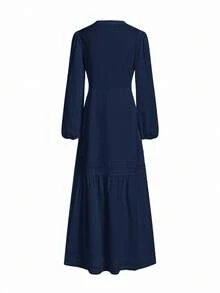 Gownix Women's Woven Jacquard Texture Spring Style Deep V-Neck Solid Color Ruffle Hem Lace Trim Summer Dress - Navy Blue - View 5