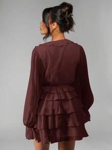 MISSGUIDED Elegant Chiffon Tiered Ruffle Mini Dress With Balloon Sleeves V-Neck Long Sleeve Party Wedding Guest Fall Winter Dress Special Occasion - Brown - View 2