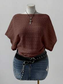 Sunspun 大码女式时尚优雅波西米亚风镂空短袖宽松针织上衣，适合度假、春、夏、秋季穿着。 - 咖啡棕 - 查看 1