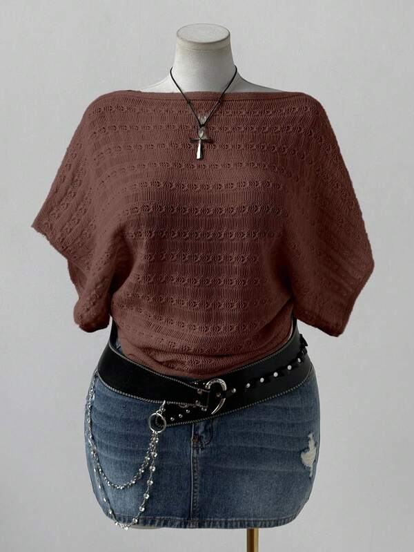 Sunspun 大码女式时尚优雅波西米亚风格镂空短袖宽松针织上衣，适合度假装，适合春夏秋季