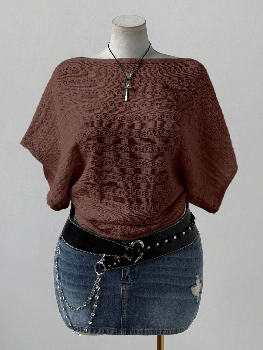 Sunspun 大码女式时尚优雅波西米亚风镂空短袖宽松针织上衣，适合度假、春、夏、秋季穿着。 - 咖啡棕 - 查看 1