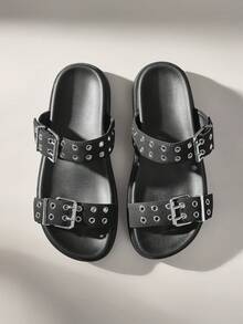 Solecia 女士时尚黑色厚底沙滩度假平底拖鞋 - 黑色 - 查看 3