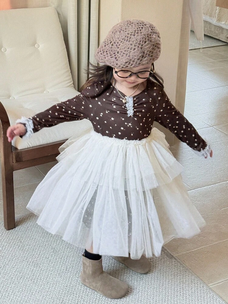 Baby Girls' Floral All-Over Print Long Sleeve Mesh Patchwork Midi Dress, Casual Fall,Winter Toddler Girls Clothes