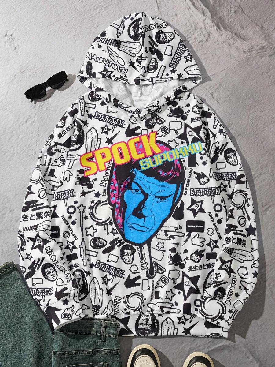 STAR TREK X SHEIN 男士图案连帽套头衫，秋季 - 白色 - 查看 1