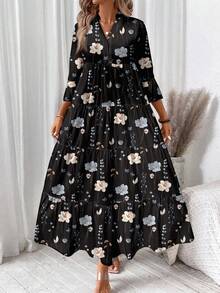 SHEIN LUNE Vestido elegante de talla grande con estampado floral vintage casual, adecuado para otoño/invierno - Negro - Ver 5