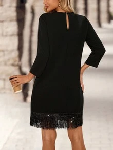 EMERY ROSE Damen Einfarbiges Rundhals Langarm Kleid mit Fransen Saum, lässige Mode Mini Kleid