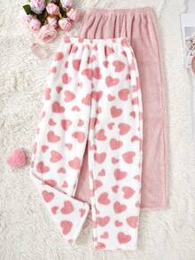 SHEIN 2pcs Women's Heart Print & Plush Pink Fluffy Pajama Pants Set, Autumn/Winter Pjs Pants Set Pink Fluffy Pajama Set Heart Fluffy Pajama Set Fuzzy Fluffy Pajama Set Cute Fluffy Pajama Set  Cozy And Elegant Details, Fall Winter Clothes