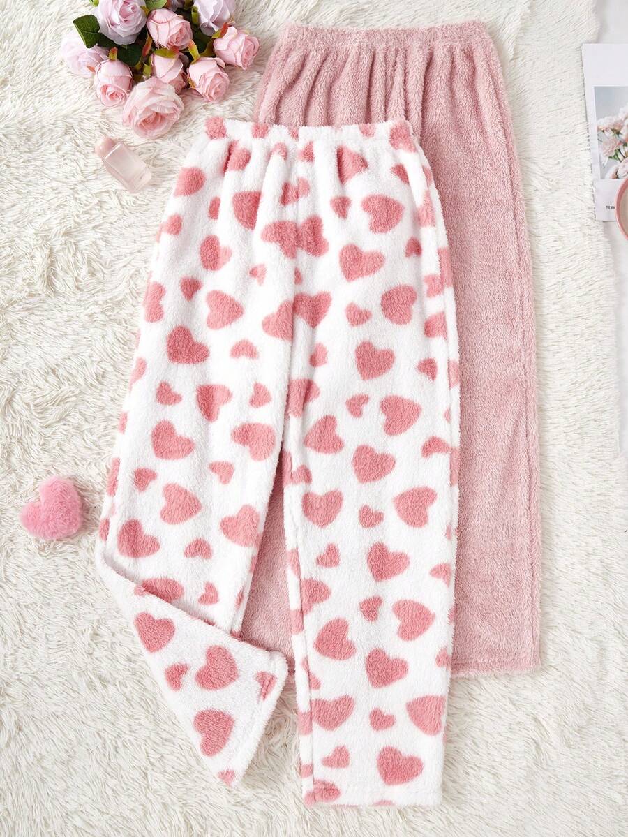 SHEIN 2pcs Women's Heart Print & Plush Pink Fluffy Pajama Pants Set, Autumn/Winter Pjs Pants Set Pink Fluffy Pajama Set Heart Fluffy Pajama Set Fuzzy Fluffy Pajama Set Cute Fluffy Pajama Set  Cozy And Elegant Details, Fall Winter Clothes