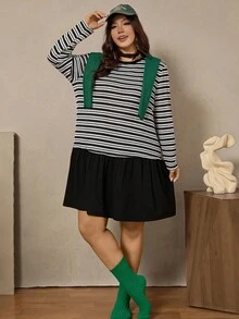 SHEIN LUNE Plus Size Women's Striped Patchwork Solid Hem Mini Dress,Long Sleeves Round Neck A-Line Ruffle Hem Black And White,Autumn,Casual,Everyday Fall Clothes - Black - View 3