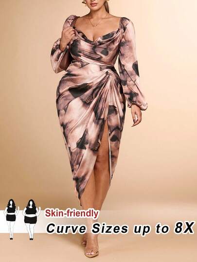 SHEIN CURVE+ 大码女式优雅派对连衣裙，性感垂坠领口，不对称下摆高开衩长袖万圣节派对扎染拼色缎面中长连衣裙/秋冬