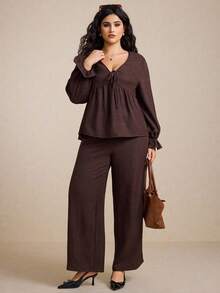 Elaquor Plus Size Solid Color Loose Long Sleeve Top And Wide Leg Pants 2 Pieces Set - Coffee Brown - View 5
