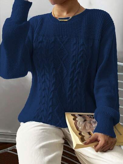 Elenzga Plus Size Women Cable Pattern Crew Neck Long Sleeve Casual Loose Pullover Sweater, Autumn/Winter