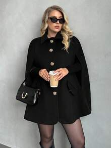 Auralis 大码女式优雅金属花朵纽扣设计斗篷外套，秋冬 - 黑色 - 查看 5