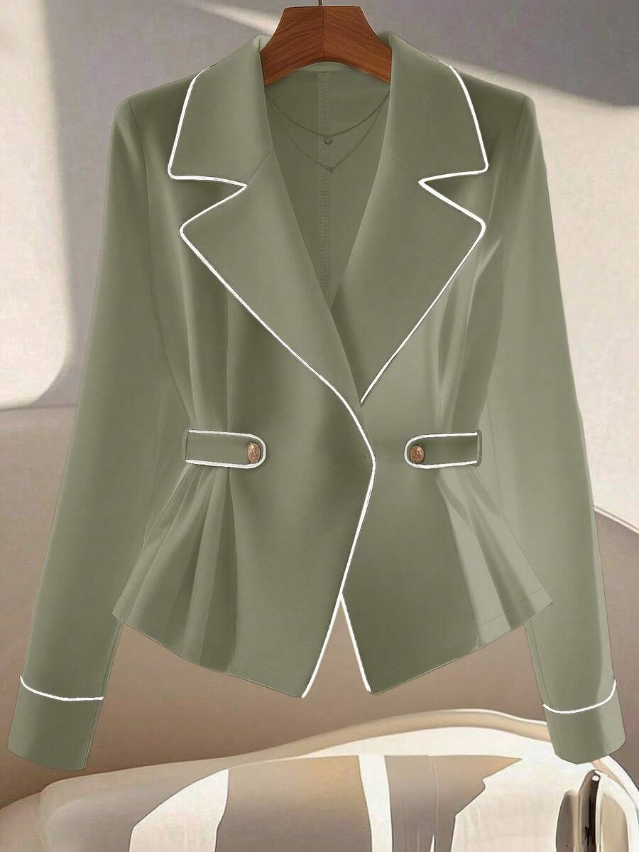 GlowEve 女士优雅撞色饰边腰带西装外套，简约杏色，高品质通勤风格，纯色百搭长袖夹克 - 橄欖綠 - 查看 1