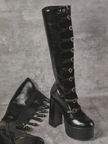 SHUZIA 女式朋克风格厚底粗跟及膝圆头多扣带舒适秋冬度假鞋 - 黑色 - 查看 2