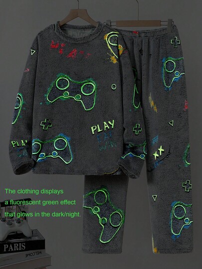 Teenager Jungen Leuchtend Gaming Grafik Muster Fleece Rundhals Langarm Oberteil und Hose 2-teiliges Pyjama Set, geeignet für den täglichen Gebrauch