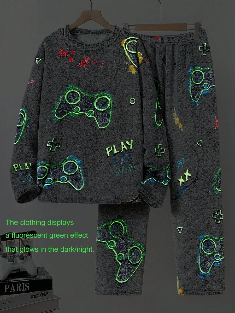 Teen Boys Glow-In-The-Dark Gaming Graphic Print Fleece Crew Neck Long Sleeve Top And Pants 2 Pieces Pajama Set, Suitable For Everyday Wear Fall Winter Boys Pajamas