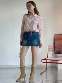 DAZY 女式宽松常规条纹领衬衫，春夏秋季上衣长袖上衣 - 粉色 - 查看 5