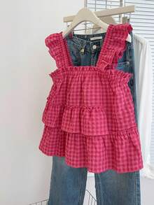 INAWLY 大码女式休闲无袖荷叶边下摆衬衫，夏季 - 玫紅色 - 查看 5