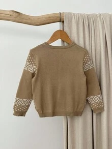 Blossori Young Boys' French Elegant Geometric Pattern Crew Neck Long Sleeve Sweater Fall Winter - Khaki - View 3