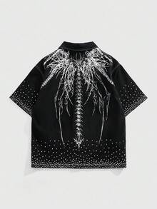 ROMWE MEN Goth Herren Streetwear Mode Hemd mit Buchstaben-Muster und Strass-Verzierung, Kurzarm Denim-Optik - Schwarz - Übersicht 1