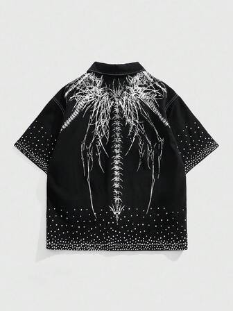 Goth Herren Streetwear Mode Hemd mit Buchstaben-Muster und Strass-Verzierung, Kurzarm Denim-Optik