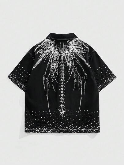 ROMWE MEN Goth Men's Street Fashion Letter Print Rhinestone Decor Short Sleeve Denim Top