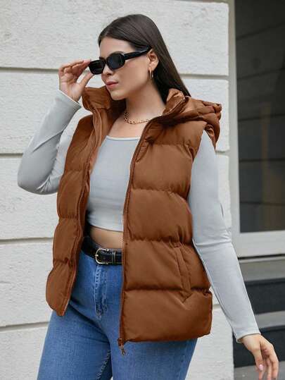 EURMUSE Plus Size Frenchy Zip Up Hooded Puffer Vest Coat