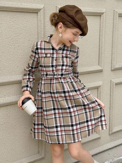 SHEIN 女童优雅格子领腰长袖连衣裙