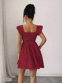 Elenzga Y2K美国独立日新季法式方领盖袖收腰夏季高端纹理花卉A字甜美迷你优雅办公室连衣裙，奶油黄色 - 酒紅色 - 查看 3