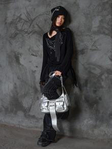 ROMWE Grunge Punk Bloopia Camiseta de manga larga de punto con estampado digital, cuello caído y escote alto, para mujer, estilo coreano casual, rejuvenecedor, para otoño/invierno y Halloween, de alta gama, con collar de perlas