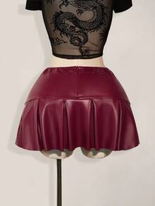 SHEIN ICON Plus Size Leather Belt Buckle Metal Decor Waist Pleated Mini Skirt Burgundy Rave 90s Autumn Sexy Fall Concert - Burgundy - View 2