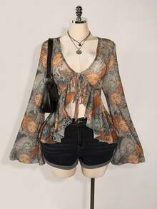 SHEIN ICON Áo len dệt kim buộc trước in họa tiết cổ điển Y2K cỡ lớn, họa tiết Paisley thần Mặt trời, phong cách Boho, áo cánh in họa tiết mỏng tay loe, lễ hội âm nhạc, kỳ nghỉ hè - Màu xanh lam - Xem 1