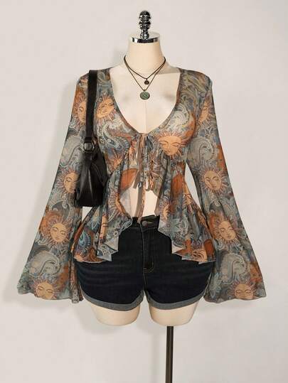 SHEIN ICON 加大码 Y2K 复古印花前系带针织上衣，太阳神佩斯利印花，波西米亚风，喇叭袖透明印花衬衫，音乐节，暑假