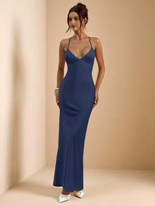 SHEIN BAE Váy đuôi cá dài, hở lưng, cổ chữ V sâu màu mơ và trắng, dây mảnh, chất liệu satin, buộc nơ, đầm thanh lịch, đầm đi nghỉ, đầm phù dâu, đầm dự tiệc sinh nhật, đầm tốt nghiệp/trở lại trường, đầm trắng - Màu xanh hải quân - Xem 4