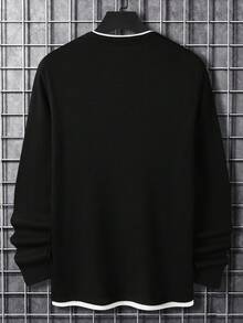 Manfinity Homme 男士纯色华夫格针织二合一 T 恤，男士长袖上衣，秋季 - 黑色 - 查看 2