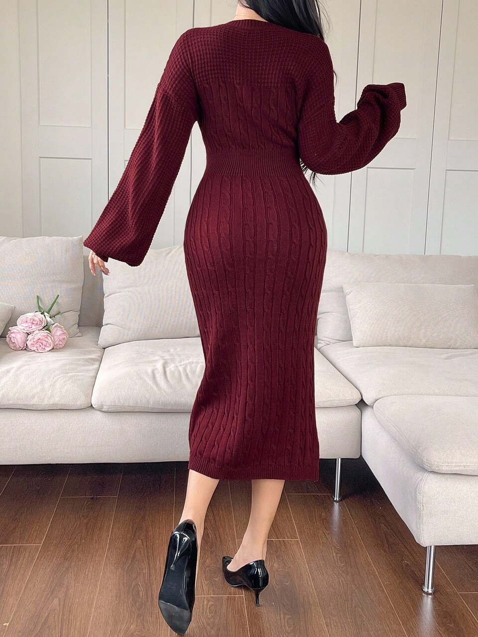 Women's Solid Color Sweater Dress, Autumn Red Women Dresses
