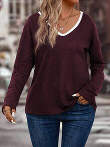 EMERY ROSE Áo thun nữ tay dài cổ chữ V màu tương phản thường ngày cỡ lớn - Đỏ - Xem 4