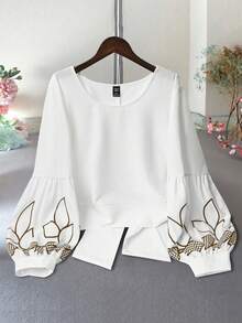 SHEIN Clasi 优雅通勤简约度假休闲女士时尚百搭畅销长袖黑白加大码衬衫，春夏秋季 - 棕色 - 查看 1