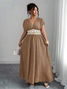 Elenzga Plus Size Women's Casual Maxi Dress With Waist Embroidery, Paisley Print, Bohemian V-Neck, Ruched Shoulder, Cinched Waist, Slimming, Elegant For Outing, Afternoon Tea, Party, Daily, Vacation