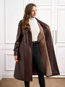 Ellevyn Fashionable Angola Red PU Leather Lined Long Windbreaker, Autumn/Winter,Fall - Burgundy - View 16