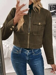 EMERY ROSE 女式秋冬短款军绿色大口袋金属纽扣夹克 - 鏽棕色 - 查看 4