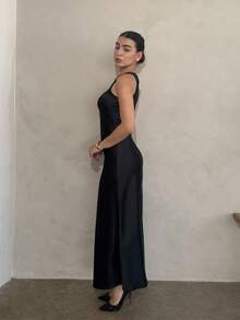 Andrea Bello Minimalist Chic Asymmetric Bias-Cut Double-Sided Satin-Like Fabric A-Line Sleeveless Long Dress For Women, Flattering And Versatile - Black - View 5