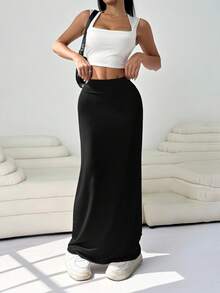 Solflare Váy đuôi cá cạp cao màu trơn cỡ lớn thanh lịch cho nữ, mùa thu/đông - màu đen - Xem 3