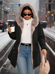 SHEIN Clasi 大码女式日常休闲拉链连帽抽绳收腰长袖外套，带口袋，加厚保暖绒里，保暖防风，2025新款，舒适保暖，大码女式长袖口袋休闲外套，适合秋季、冬季、复古风、外出穿着 - 黑色 - 查看 11