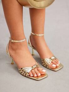 CUCCOO SZL 性感新款金色系带打结时尚优雅女士高跟凉鞋，细带方头细高跟鞋 - 金色 - 查看 7