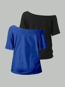 Flirla 2 piezas Camiseta holgada con hombros abiertos para mujer, elegantes blusas de unicolor en negro y azul marino oversize