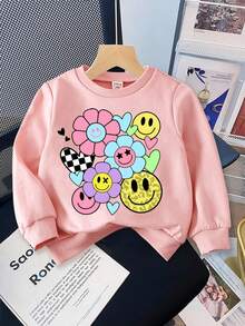 SHEIN Leap Crew 微笑、豹纹、心形、花卉印花套头衫，适合年轻女孩，休闲宽松圆领柔软针织加厚上衣，适合秋冬季 - 粉色 - 查看 1